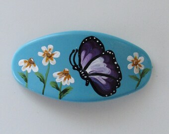 Painted Purple Butterfly on Turquoise Oval Hair Barrette with White Daisy Flowers and French Style 60 mm Clip