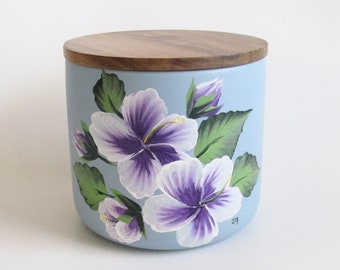 Light Blue Ceramic Hand-painted Hibiscus Canister Jar, Purple Hibiscus Flowers Painted Container, Wood top with Rubber seal, 5 inch Canister