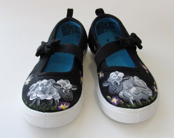 Hand-painted Canvas Sheep Shoes with Purple Flowers on Girls Black Slip on Mary Jane Style Shoe with Bow