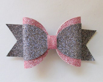 Silver and Pink Sparkle Faux Leather Bow with French Style Clip, 3 to 4 Inch Glitter Bow, Girls Hair Accessory