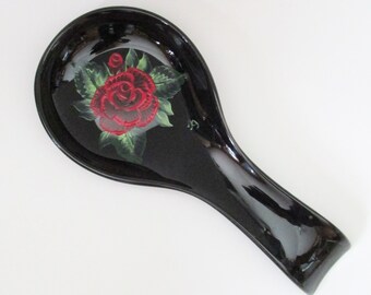 Red Rose on Black Ceramic Hand-painted Spoon Rest, Cooking Spoon Holder for Kitchen, Floral Rose Kitchen Decor