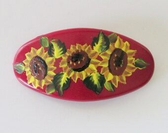 Sunflowers Red Oval Hand-Painted Hair Barrette, Painted Sunflower Hair Clip, Floral Hair Slip, Flowered Hair Accessory French Style Clip