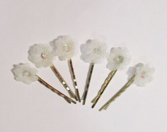 Bridal Hair Pins, Ivory Organza Flower Bobby Pins, Set of 6 Wedding or Special Occasion Floral Accessory