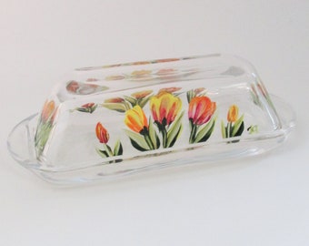 Hand-painted Tulips Glass Butter Dish, Yellow, Orange, Red,  Tulips Painted Butter Serving Dish, Floral Butter Container