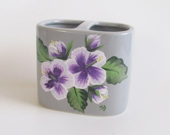 Purple Hibiscus on Grey Ceramic Toothbrush Holder, Hibiscus Kitchen or Bathroom Decor, Hand-painted Ceramic Container for Brushes