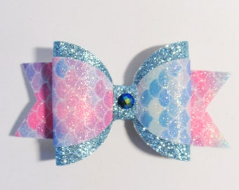 Mermaid Scale Print Pink and Blue Sparkle Faux Leather Bow, Faux Gem, Alligator Clip, 3 to 4 Inch Glitter Bow, Girls Hair Accessory