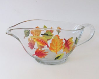 Painted Clear Glass Gravy Dish, Autumn Leaves Glass Decorative Fall Leaf Gravy Boat, Hand-painted Serving Bowl, Decorative Sauce Dish