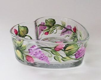 Heart Shape Glass Candy Dish, Painted Burgundy Rosebuds and Wisteria Potpourri Bowl, Floral Decorative Soap Holder