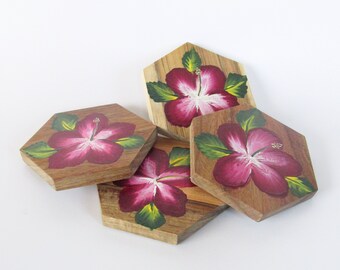 Set of 4 Hand-painted Hibiscus Wood Coasters, Four Inch Octagon Shaped Burgundy Hibiscus Coaster,  Burgundy flower Decor, Housewarming Gift