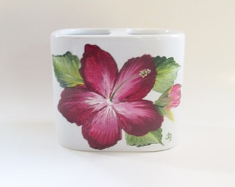 Burgundy Hibiscus Flowers on White Toothbrush Holder, Hibiscus Kitchen or Bathroom Decor, Hand-painted Ceramic Container for Brushes