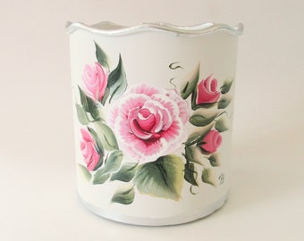 Hand-painted Tin Container 4 Inch White Pink Rose Container Floral Rose Decor Painted Tinware Shabby Cottage Chic Decor, Brush holder