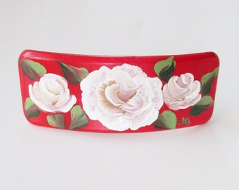 White Roses Red Hair Barrette, Red Hair Clip, Painted Floral Hair Slip, French Style Hair Clip