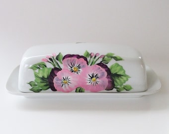 Hand-painted Pink Pansies Butter Dish, White Serving Dish, Porcelain Butter Plate with Decorative Cover, Pink Purple Pansy Kitchen Decor