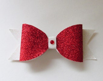 Red and White Glitter Faux Leather Bow with French Style Clip, 3 to 4 Inch Red Sparkle Bow, Girls Christmas Hair Accessory