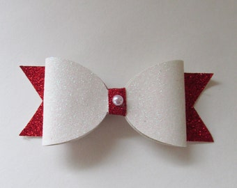 White and Red Glitter Faux Leather Bow with French Style Clip, 3 to 4 Inch White Sparkle Bow, Girls Christmas Hair Accessory