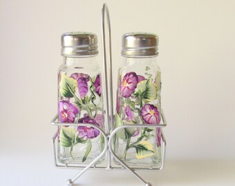 Morning Glory Salt and Pepper Shakers with Metal Holder, Floral Kitchen Decor, Hand-painted Flowers Glass Shaker Set, Purple Morning Glories