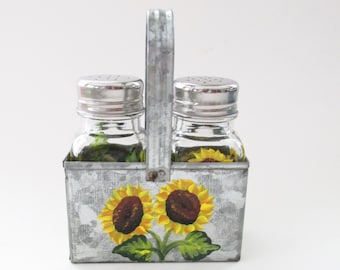 Sunflower Salt and Pepper Shakers with Metal Holder, Farmhouse Kitchen Decor, Hand-painted Flowers Glass Shaker Set, Yellow Sunflower Decor