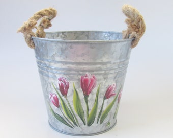 Painted Tulip Bucket, 6 Inch Hand-painted Galvanized Pail with Handles, Floral Farmhouse Decor with Burgundy Tulips, Rope Handles