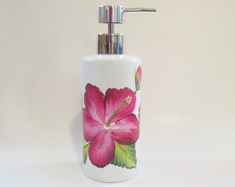 Burgundy Hibiscus on White Liquid Soap Bottle with Pump Top, Hibiscus Kitchen or Bathroom Decor, Hand-painted Ceramic Soap Dispenser