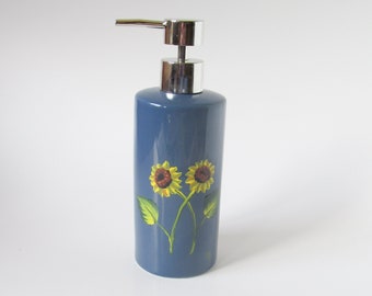 Sunflower Liquid Soap or Lotion Bottle with Pump Top, Blue Ceramic Soap Dispenser, Yellow Sunflowers, Hand-painted