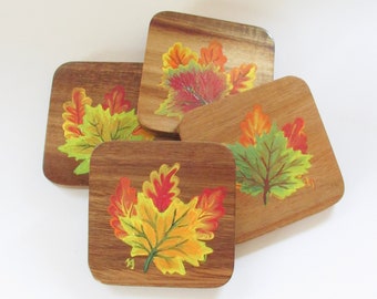 Set of 4 Hand-painted Autumn Leaves Wood Coasters, Four Inch Square Fall Coaster, Colorful Leaves Decor, Housewarming Gift
