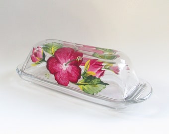 Hibiscus Flowers Hand-painted Floral Glass Butter Dish, Burgundy Hibiscus Dining Decor Painted Butter Plate, Decorative Butter Container