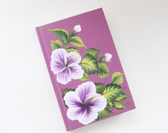 Hand-painted Purple Sketchbook, White Hibiscus Drawing Journal, Unlined Notebook, Artist Blank Drawing Book, Floral Hard Cover Painted Book