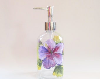 Liquid Soap Bottle with Pump Top, Hibiscus Kitchen or Bathroom Decor, Hand-painted Glass Soap Dispenser, Purple Hibiscus Flowers