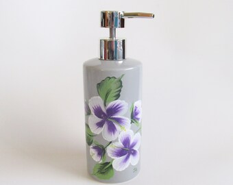 Purple Hibiscus on Grey Liquid Soap Bottle with Pump Top, Hibiscus Kitchen or Bathroom Decor, Hand-painted Ceramic Soap Dispenser