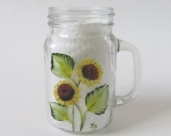 Hand-painted 16 Ounce Sunflower Mason Jar Mug with Handle, Farmhouse Kitchen Decor, Hand-painted Flowers Glass Mug, Yellow Sunflowers Decor