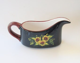 Navy Blue Ceramic Hand-painted Sunflowers Gravy Boat, Yellow Sun Flowers Painted Gravy Serving Dish, Decorative Container, Brown handle