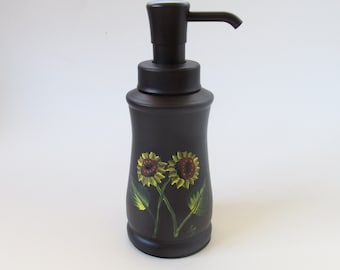 Liquid Soap Bottle with Pump Top, Sunflower Kitchen or Bathroom Decor, Hand-painted Bronze Colored Metal Soap Dispenser, Yellow Sunflowers