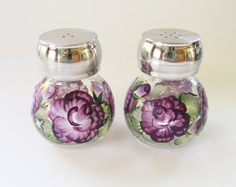 Purple Roses Round Salt and Pepper Shakers, Floral Kitchen Decor, Hand-painted Design Glass Shaker, Deep Purple Rose with Buds and Leaves