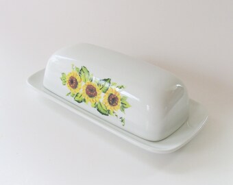 Hand-painted Sunflowers White Porcelain Butter Dish, Yellow Sun Flowers Painted Butter Serving Dish, Decorative Butter Container