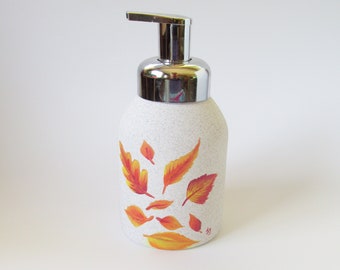 Autumn Leaves Liquid Soap or Lotion Bottle with Pump Top, Fall Leaf Kitchen or Bathroom Decor, Hand-painted Ceramic Soap Dispenser