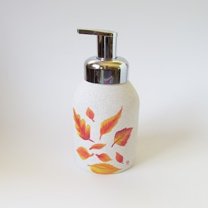 Autumn Leaves Liquid Soap or Lotion Bottle with Pump Top, Fall Leaf Kitchen or Bathroom Decor, Hand-painted Ceramic Soap Dispenser image 1