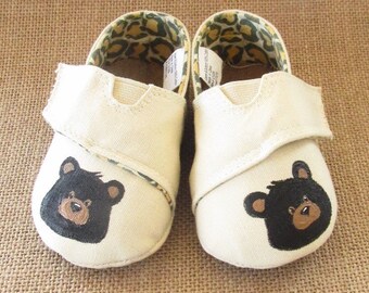 Hand-painted Cotton Baby Shoes with Black Bear, Self-fastening Flap Closure, Off White Infant Booties Size 6 - 9 months