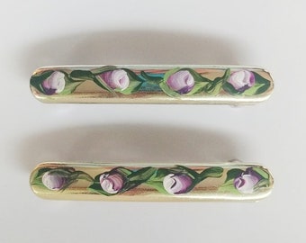 Gold Hair Barrettes Set of 2 Hand-painted Metallic, Painted Hair Clip 2 1/2 inch French Style Clip, Floral Lavender Rosebud Hair Accessory