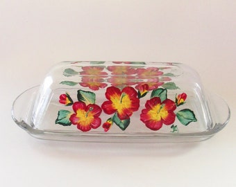 Hibiscus Flowers Hand-painted Floral Glass Butter Dish, Red Hibiscus Dining Decor Painted Butter Serving Plate, Decorative Butter Container