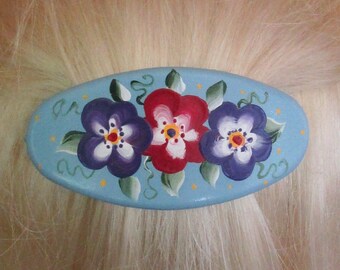 Light Blue Painted Barrette, Mexican Style Hand-Painted Hair Clip, Oval Flowered Hair Accessory French Style Clip, Purple Burgundy Flowers