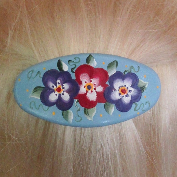 Light Blue Painted Barrette, Mexican Style Hand-Painted Hair Clip, Oval Flowered Hair Accessory French Style Clip, Purple Burgundy Flowers