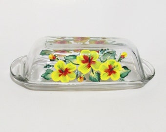 Hand-painted Floral Glass Butter Dish, Yellow Hibiscus Flowers Painted Butter Serving Dish, Decorative Butter Container