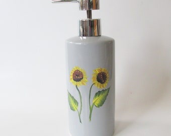 Yellow Sunflowers on Grey Liquid Soap Bottle with Pump Top, Sunflower Kitchen or Bathroom Decor, Hand-painted Ceramic Soap Dispenser