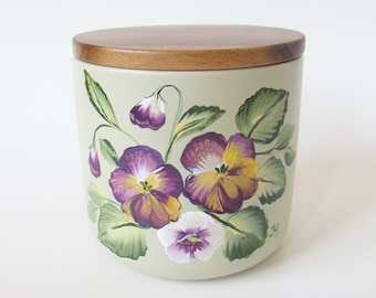 Sage Green Ceramic Hand-painted Pansies Canister Jar, Purple Pansy Flowers Painted Container, Wood top with Rubber seal, 4 inch Canister