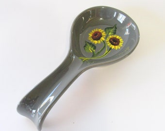 Gray Ceramic Hand-painted Sunflower Spoon Rest, Cooking Spoon Holder, Sunflower Kitchen Farm House Decor