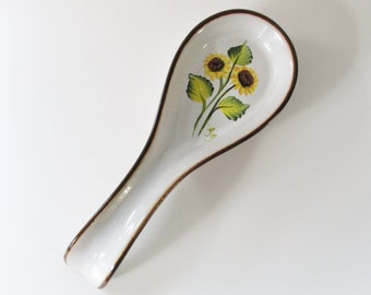 Hand-painted Sunflower Spoon Rest, Speckled with Brown Edge, Cooking Utensil Holder, Sun Flowers Kitchen Decor, 8.5 inch