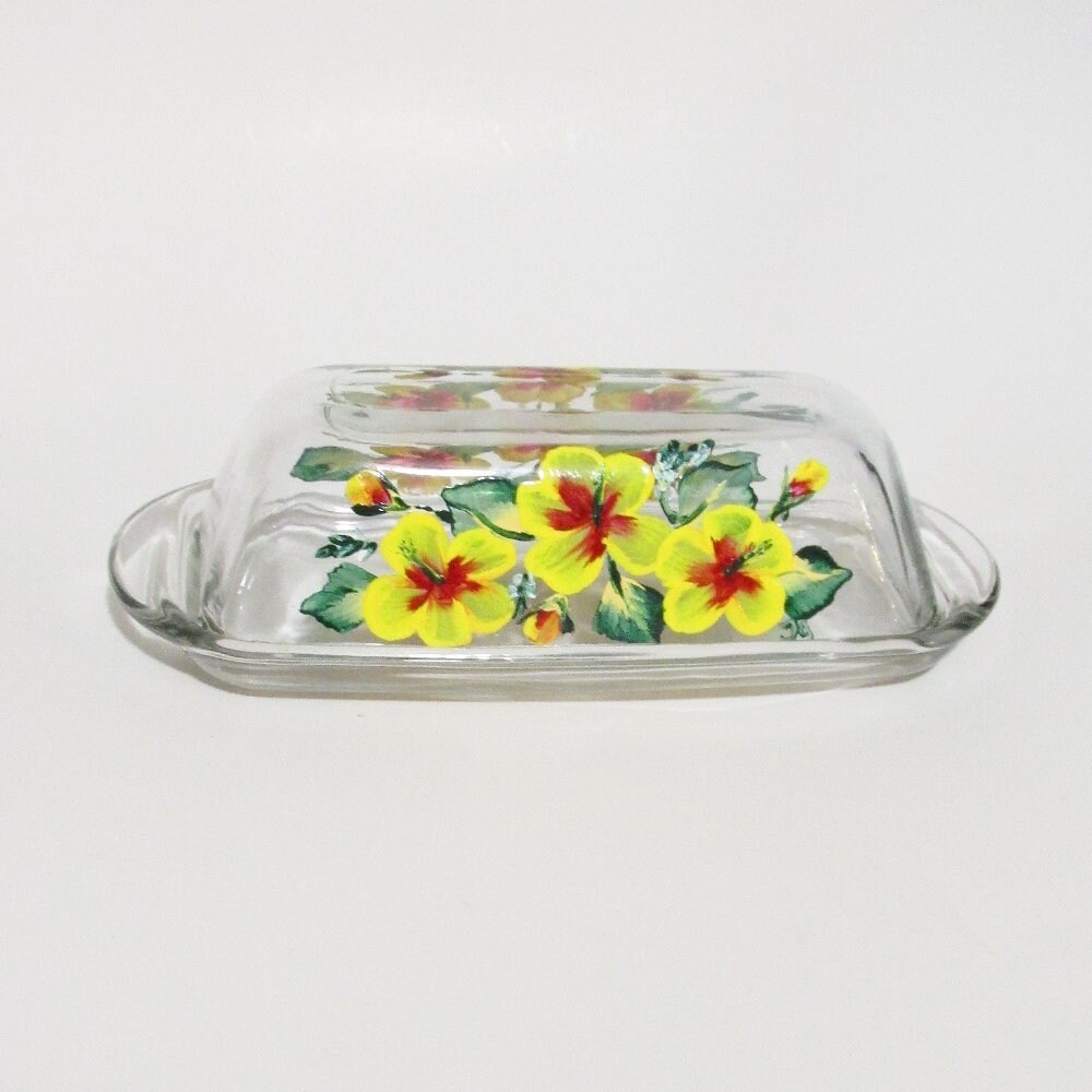 Handpainted red flower on a nice glass butterdish
