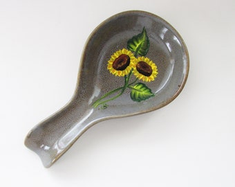 Gray Ceramic Hand-painted Sunflower Spoon Rest, Cooking Spoon Holder, Sunflower Kitchen Farm House Decor