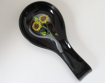 Black Ceramic Hand-painted Sunflower Spoon Rest, Cooking Spoon Holder for Kitchen, Sunflower Kitchen Decor,