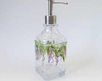 Liquid Soap Bottle with Pump Top, Wisteria Kitchen or Bathroom Decor, Hand-painted Glass Soap Dispenser, Purple & Lavender Flowers